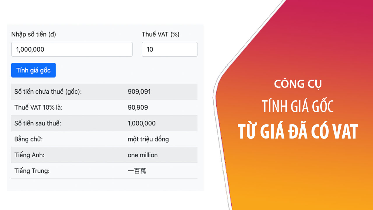 Tính giá gốc từ giá đã có VAT online - Tiện ích kế toán 2024