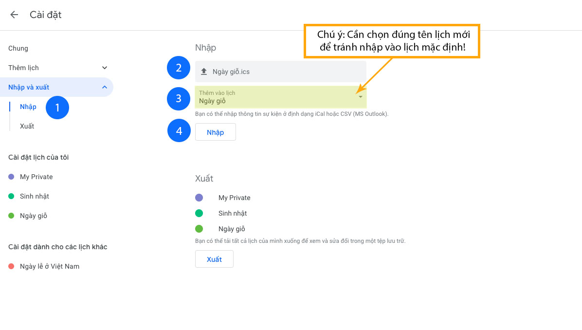 Bước 3: Upload file ngày giỗ.ics lên google calendar