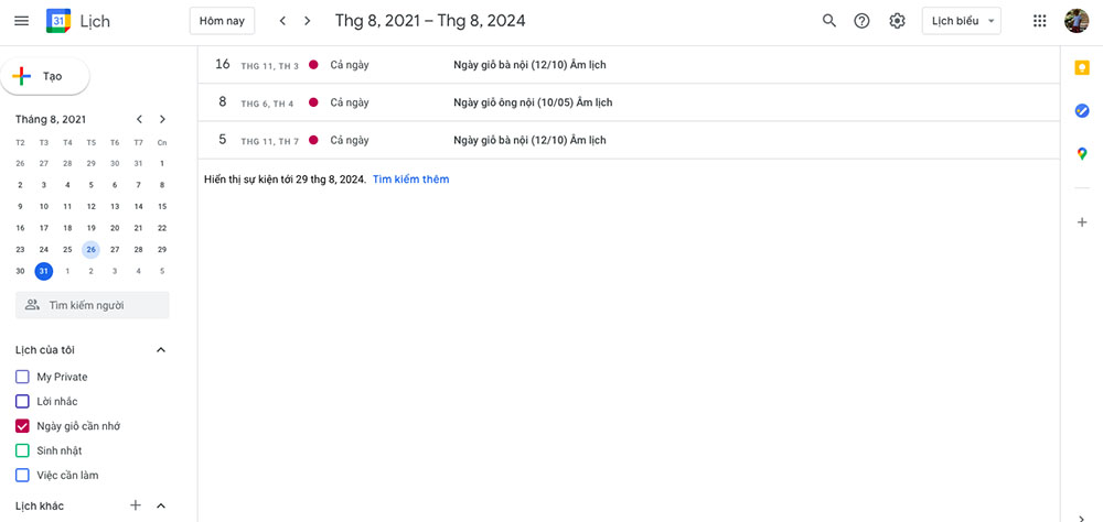 Kết quả lịch nhắc các ngày giỗ đã được lưu trong Google Calendar