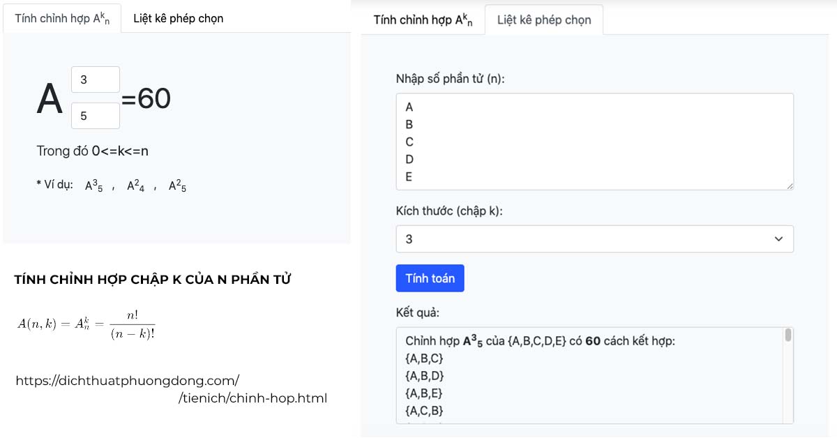 Tính chỉnh hợp chập K của N phần tử online 2024